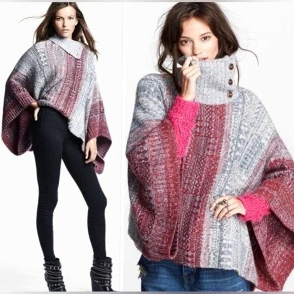 Free People Willow Diamond Red Gray Knit Wool Poncho Sweater Women -XS - Picture 1 of 11